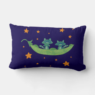 Two Raccoons in a Pea Pod   Whimsical Folk Art Lumbar Cushion