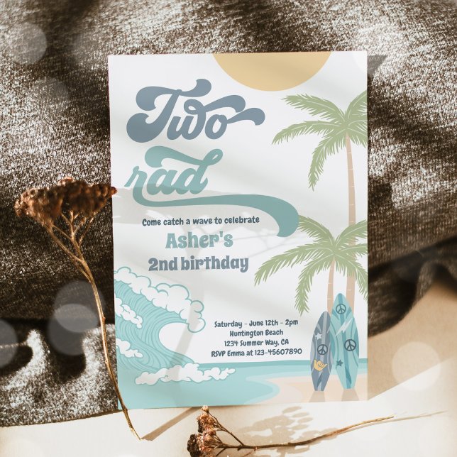 Two Rad Retro Surf Beach 2nd Birthday Party Invitation (Creator Uploaded)