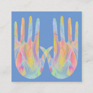 Two rainbow healing hands periwinkle square business card