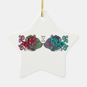 Two Rainbow Whimsical Fish Pair Couple Very Unique Ceramic Tree Decoration