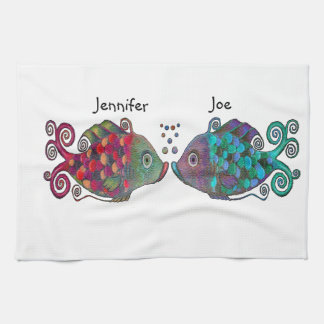 Two Rainbow Whimsical Fish Pair Couple Very Unique Tea Towel