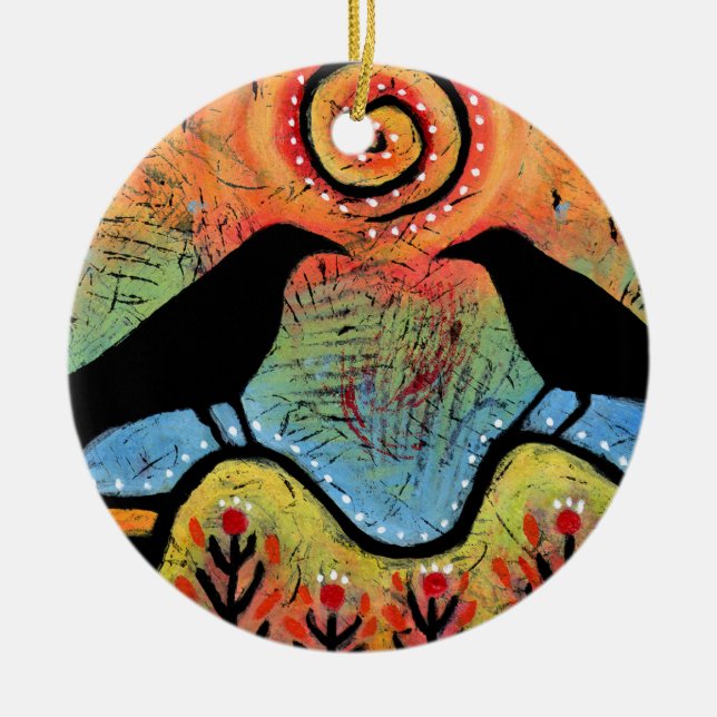 Two Ravens Sit and Reflect Couples Ceramic Tree Decoration (Front)