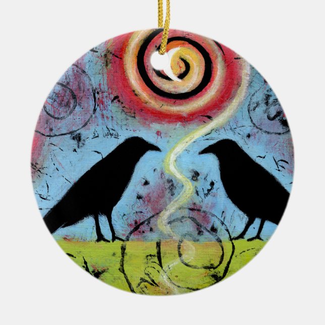 Two Ravens Sit and Reflect Whimsical Ceramic Tree Decoration (Front)