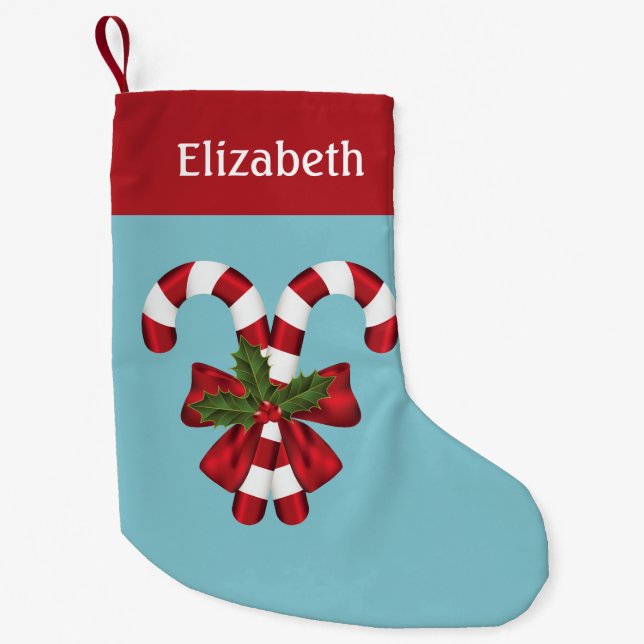 Two Red And White Candy Canes On Blue With Name Small Christmas Stocking (Front)