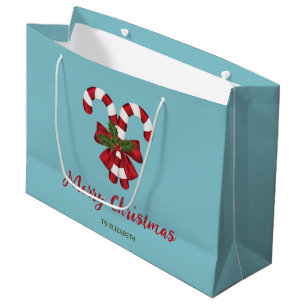 Two Red And White Candy Canes On Blue With Text Large Gift Bag