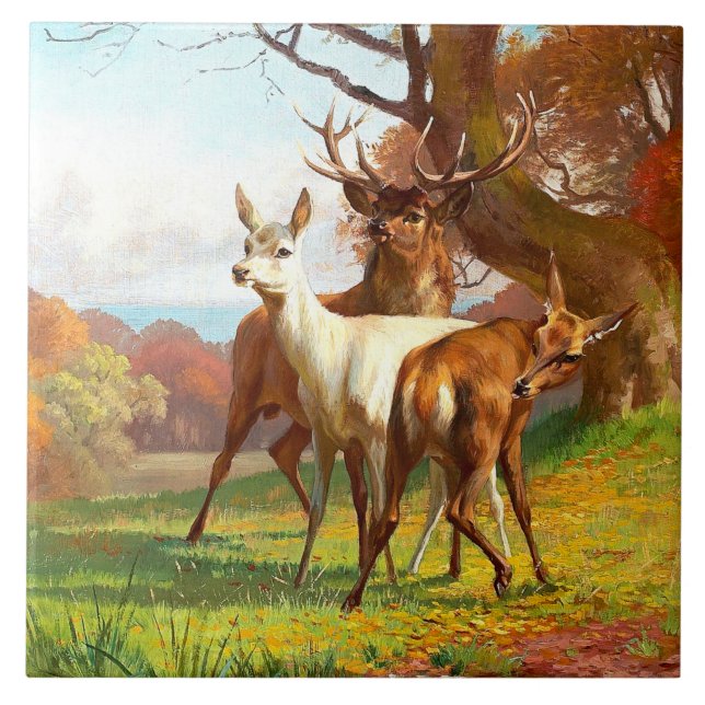 Two Red And White Deer In The Forest Tile (Front)
