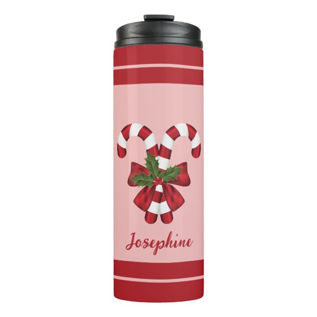 Two Red And White Festive Candy Canes & Name Thermal Tumbler (Front)