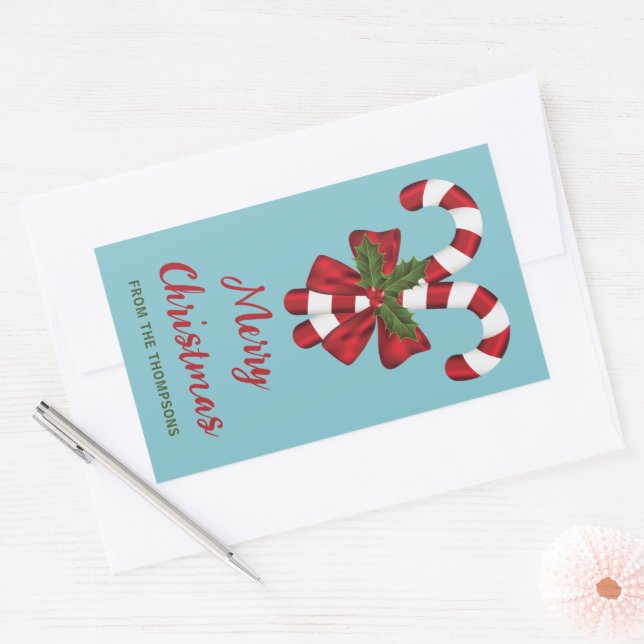 Two Red And White Festive Candy Canes With Text Rectangular Sticker (Envelope)