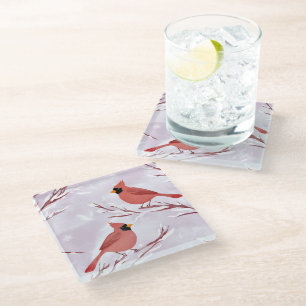 Two Red Cardinals   Watercolor Painting Glass Coaster