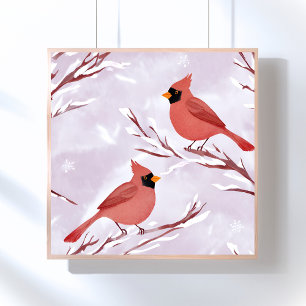 Two Red Cardinals   Watercolor Painting Poster