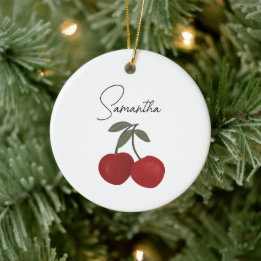 Two Red Cherries Illustration | Cute Fruit Art  Ceramic Tree Decoration