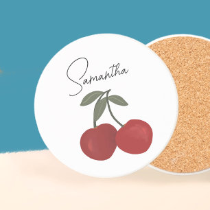 Two Red Cherries Illustration   Cute Fruit Art  Coaster