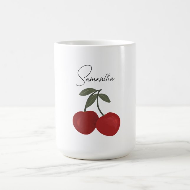 Two Red Cherries Illustration | Cute Fruit Art  Coffee Mug (Center)