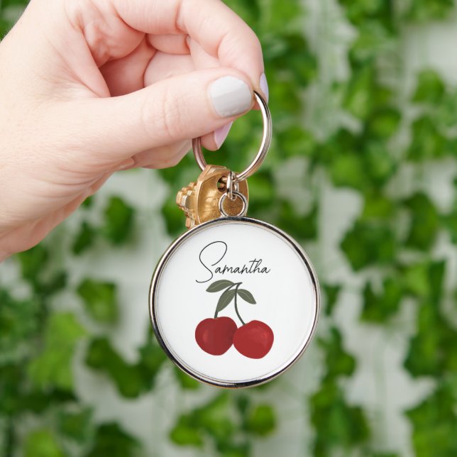 Two Red Cherries Illustration | Cute Fruit Art  Key Ring (Hand)