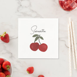 Two Red Cherries Illustration | Cute Fruit Art  Napkin