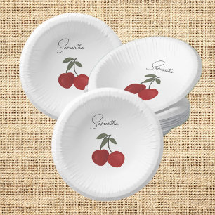 Two Red Cherries Illustration   Cute Fruit Art  Paper Plate