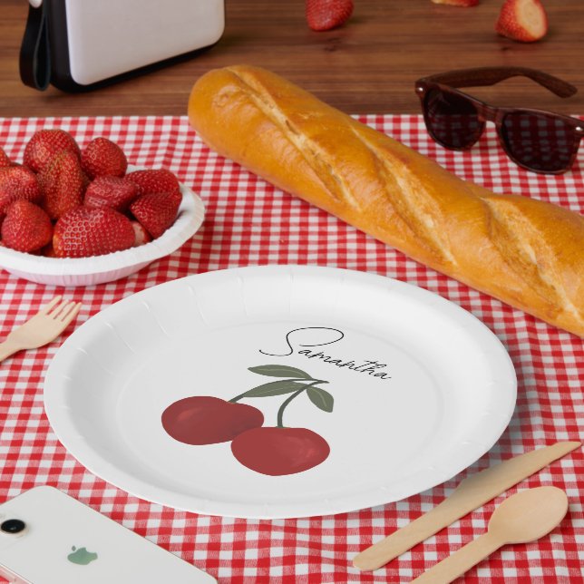 Two Red Cherries Illustration | Cute Fruit Art  Paper Plate (Picnic)