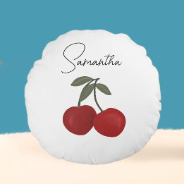 Two Red Cherries Illustration | Cute Fruit Art  Round Cushion