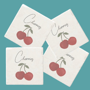 Two Red Cherries Illustration   Cute Fruit Art  Stone Coaster