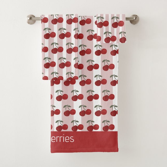 Two Red Cherries Illustration Personalized  Bath Towel Set (Insitu)