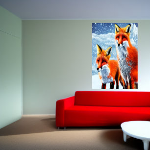Two red fox in the snow    AI Art Poster