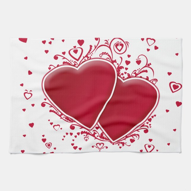 Two Red Hearts For Valentine's Day Tea Towel (Horizontal)