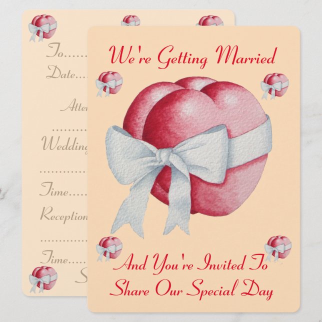 two red hearts tied with white bow wedding invitation (Front/Back)