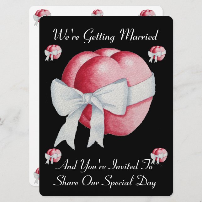 two red hearts with white bow romantic wedding invitation (Front/Back)