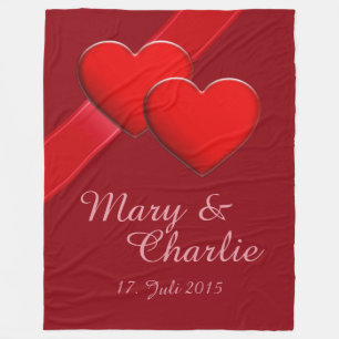 Two Red Hearts + Your Name and Date Fleece Blanket