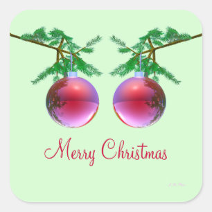 Two Red Merry Christmas Balls Square Sticker