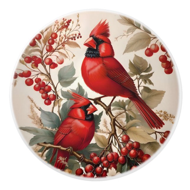 Two Red Northern Cardinal Birds And Berries Ceramic Knob (Front)