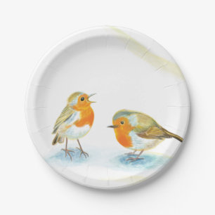 Two Red Robins in Winter Paper Plate