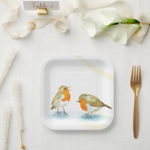 Two Red Robins in Winter Paper Plates