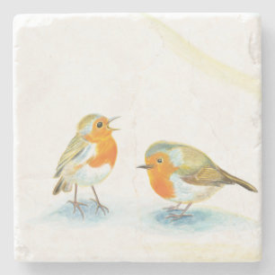 Two Red Robins in Winter Stone Coaster