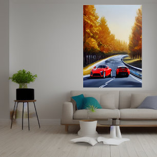 Two red sports cars on the road   AI Art Poster