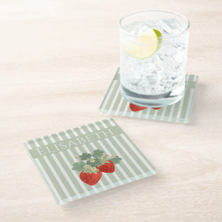 Two Red Strawberries Stripes & Flowers | Fruit Glass Coaster