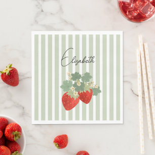 Two Red Strawberries Stripes & Flowers Fruit Napkin