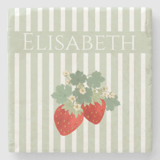 Two Red Strawberries Stripes & Flowers | Fruit Stone Coaster