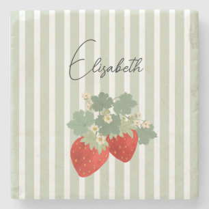 Two Red Strawberries Stripes & Flowers Fruit Stone Coaster