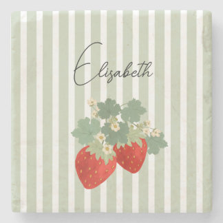 Two Red Strawberries Stripes & Flowers | Fruit Stone Coaster