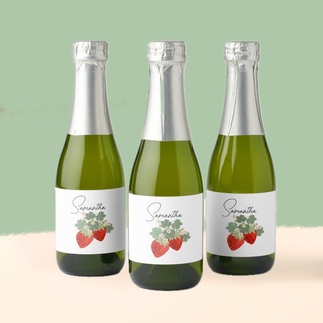 Two Red Strawberries with Leaves & Flowers | Fruit Sparkling Wine Label (Creator Uploaded)