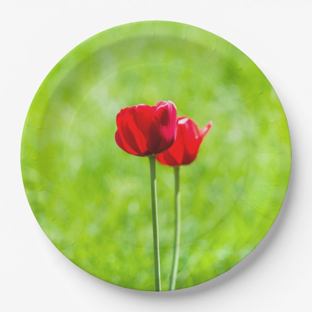Two red tulip flowers paper plate (Front)