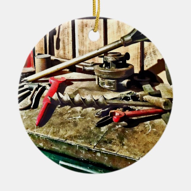 Two Red Wrenches on Plumber's Workbench Ceramic Tree Decoration (Front)