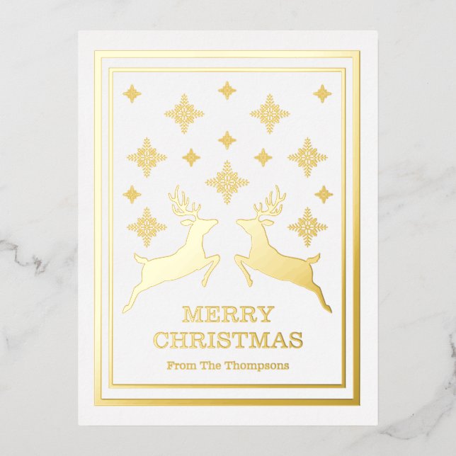 Two Reindeers And Snowflakes Merry Christmas Foil Holiday Postcard (Front)