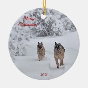 Two Rescue German Shepherd Dogs Running in Snow Ceramic Tree Decoration
