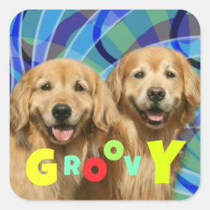 Two Retro Golden Retriever Dogs Psychedelic Groovy Square Sticker