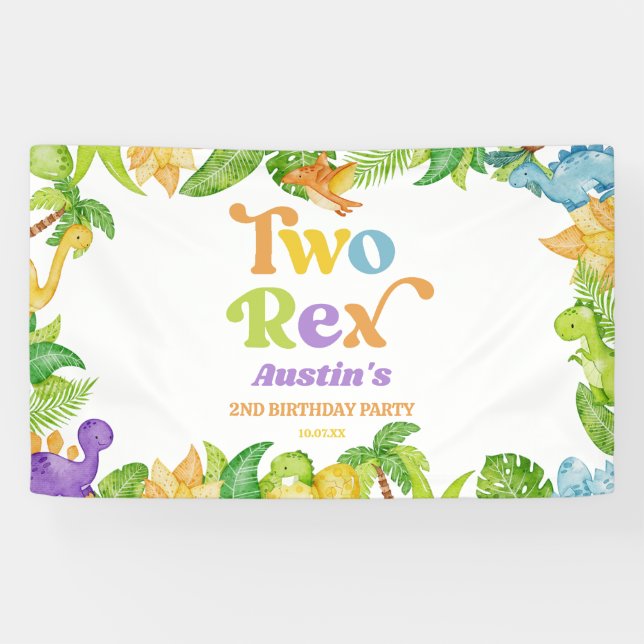 Two Rex Dinosaur 2nd Second Birthday Party Banner (Horizontal)