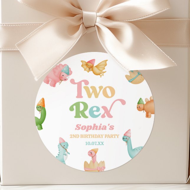 Two Rex Dinosaur 2nd Second Birthday Party Classic Round Sticker (Creator Uploaded)