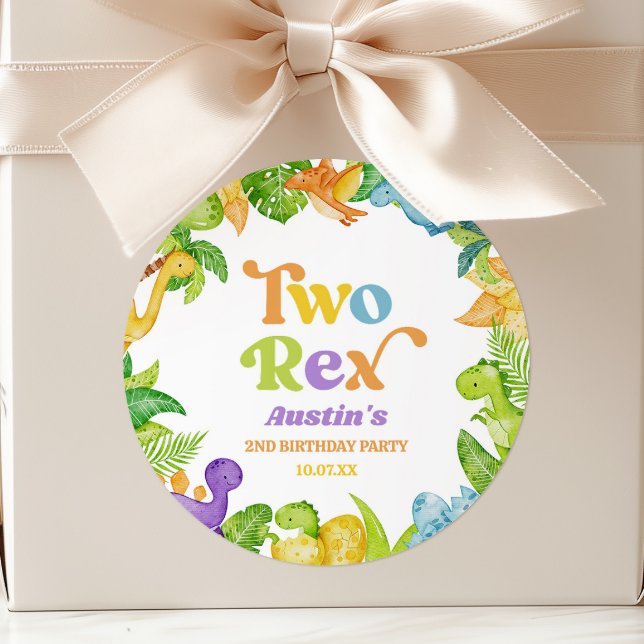 Two Rex Dinosaur 2nd Second Birthday Party Classic Round Sticker (Creator Uploaded)