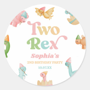 Two Rex Dinosaur 2nd Second Birthday Party Classic Round Sticker